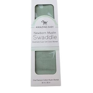 Amazing Baby Newborn Muslin Swaddle Blanket Sage Green Cotton 36x36 NIB P3